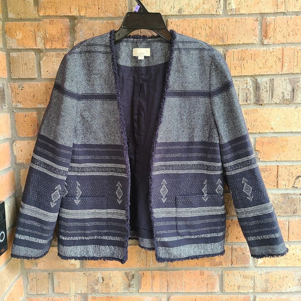 Size M Ann Taylor LOFT Tweed Jacket Coat Blazer Career Open Front Fringed